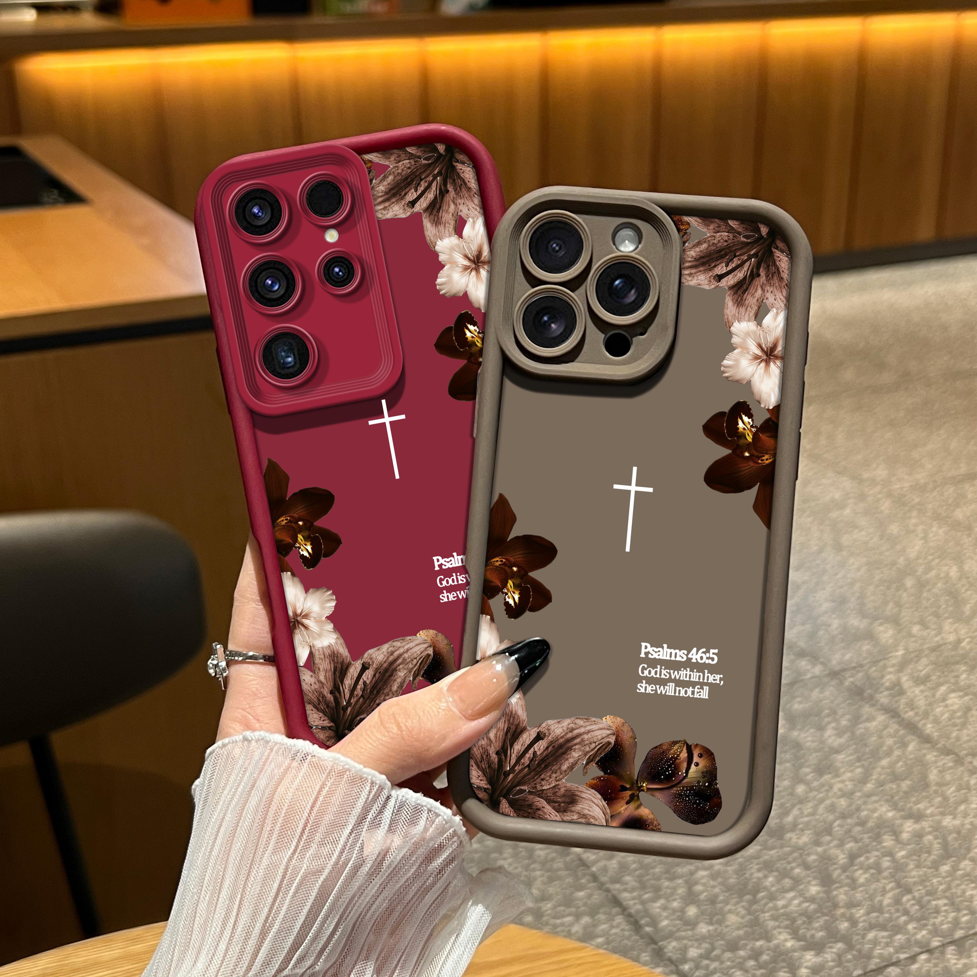 Vintage Floral Aesthetics Lanyard Phone Shell Christian Psalms 46:5 Cross for iPhone Samsung 17Pro Max Air 16 15Plus 14 13 12 11 XR XS Galaxy S25 S24 S23 S22 A71 A56 A55 A54 A53 A52 Matte Finish Anti Drop Bumper Religious Birthday Gift For Her .NN114