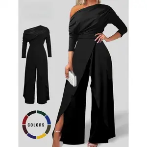 Plain Ruched Wrap Split Hem Jumpsuit for Women, Elegant Wide Leg Jumpsuit for Dating Daily Wear,  Overalls for Women, Ladies Clothes for All Seasons