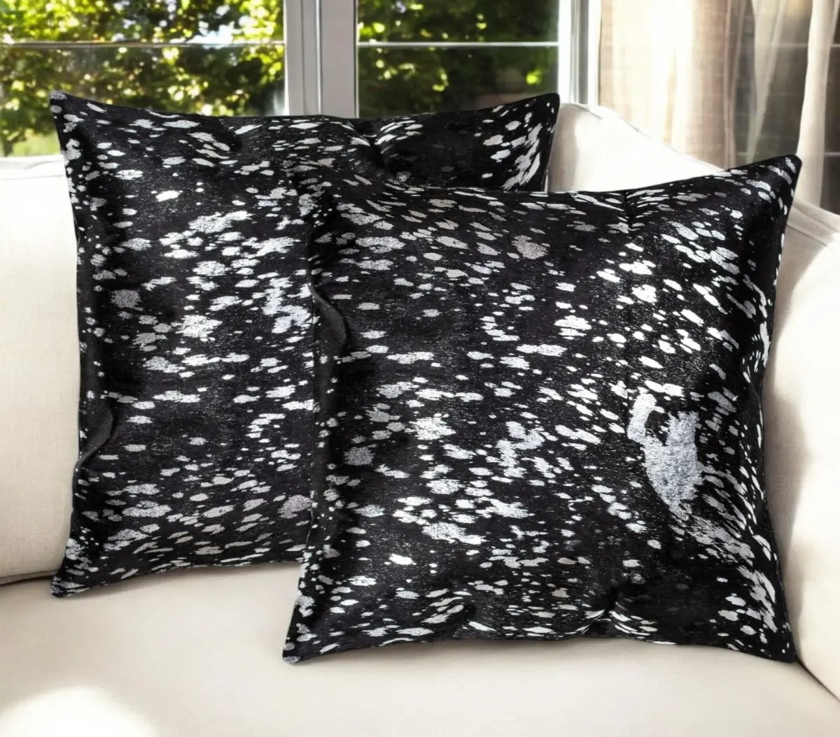 360 stand 18 in. Genuine Cowhide Throw Pillows - Black & Silver Glittered Abstract Print, Handmade Transitional Zippered Set of 2 for Living Room Decoration, Cushions, Room Decorations, Abstract Art Print Standard Pillows