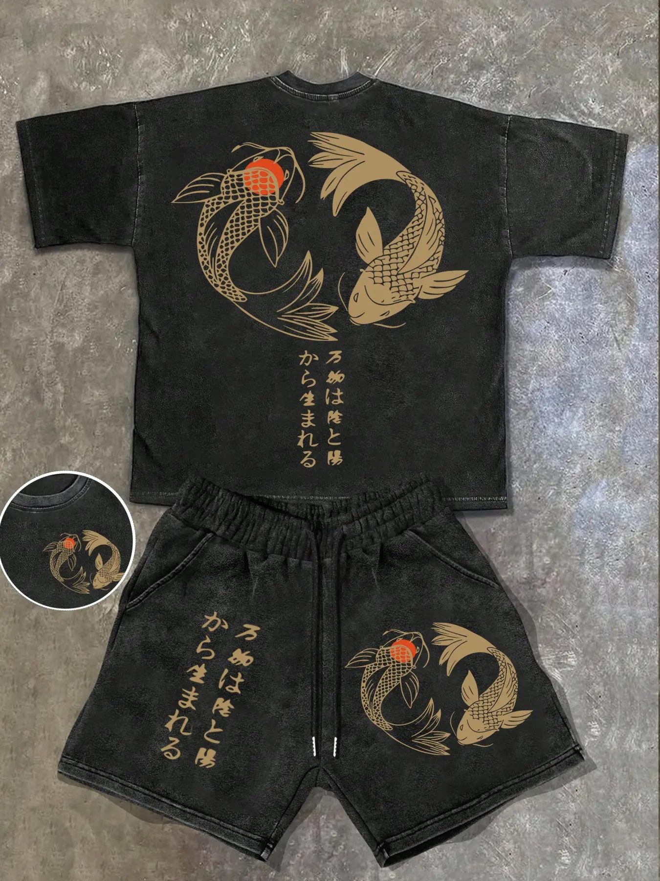 Men's Yin Yang Koi Graphic Print Cotton T-Shirt and Shorts Set, Asian Cultural Fashionable Casual Comfort Fit, Perfect for Daily Leisure Activities