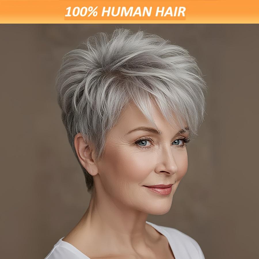 150% Density Brazilian Remy Human Hair Wig, Short Straight Layered Grey Salt & Pepper Glueless Wig for Women, Natural Look Rose Net Cap, Secure Fit for Daily Party & Mother's Day Gift