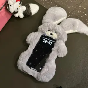 Kawaii Fluffy Plush Long Ears Rabbit Phone Case for iPhone 17 16 15 14 13 12 Pro Max 11 16pro Girls Protective Casing Shockproof Ra135 Smartphone Protector Screen Cover