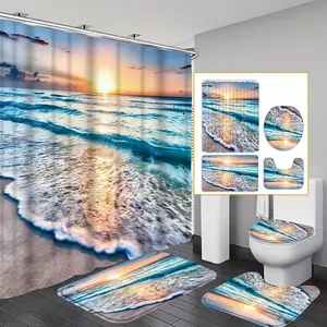 1/4pc geometric pattern bathroom accessories, including shower curtain, toilet seat cover, rectangular mat, and U-shaped mat, perfect for bathroom decoration, partitioning, and beautifying the space. Includes 12 shower curtain hooks. Shower Curtain Set