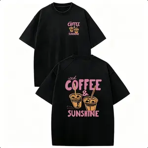 "Iced Coffee & Sunshine" Pattern T-Shirt, Coffee Lover Casual Graphic Tee, Heavyweight Cotton Streetwear Vintage Tees Unisex Crewneck Tshirt