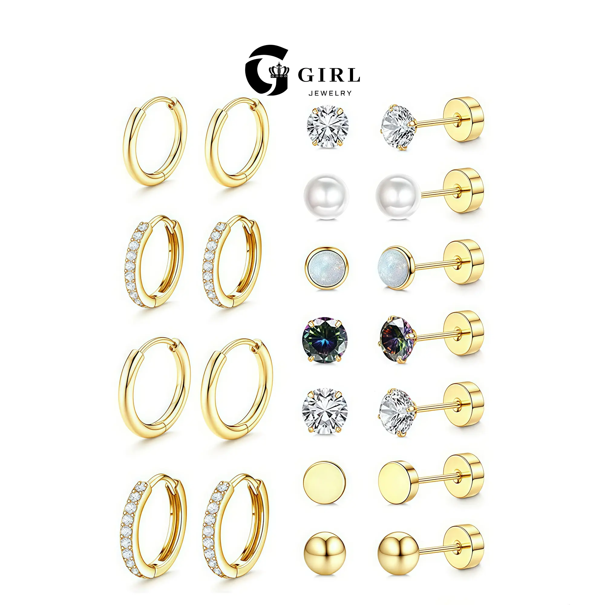 GGIRL 18k Gold Plated Earrings Set for Women Men Ear Cartilage Puncture with Multiple Ear Holes Stacked Earrings Stainless Steel Hypoallergenic Artificial Zirconium Small Hoop Earrings Simple Trendy Jewelry Personalized Charm Dinty Gift for Her