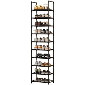 10-Tier Tall Shoe Rack, Space Saving Metal Organizer with Removable Fabric Shelves, Adjustable Corner Storage for Closet Entryway Living Room