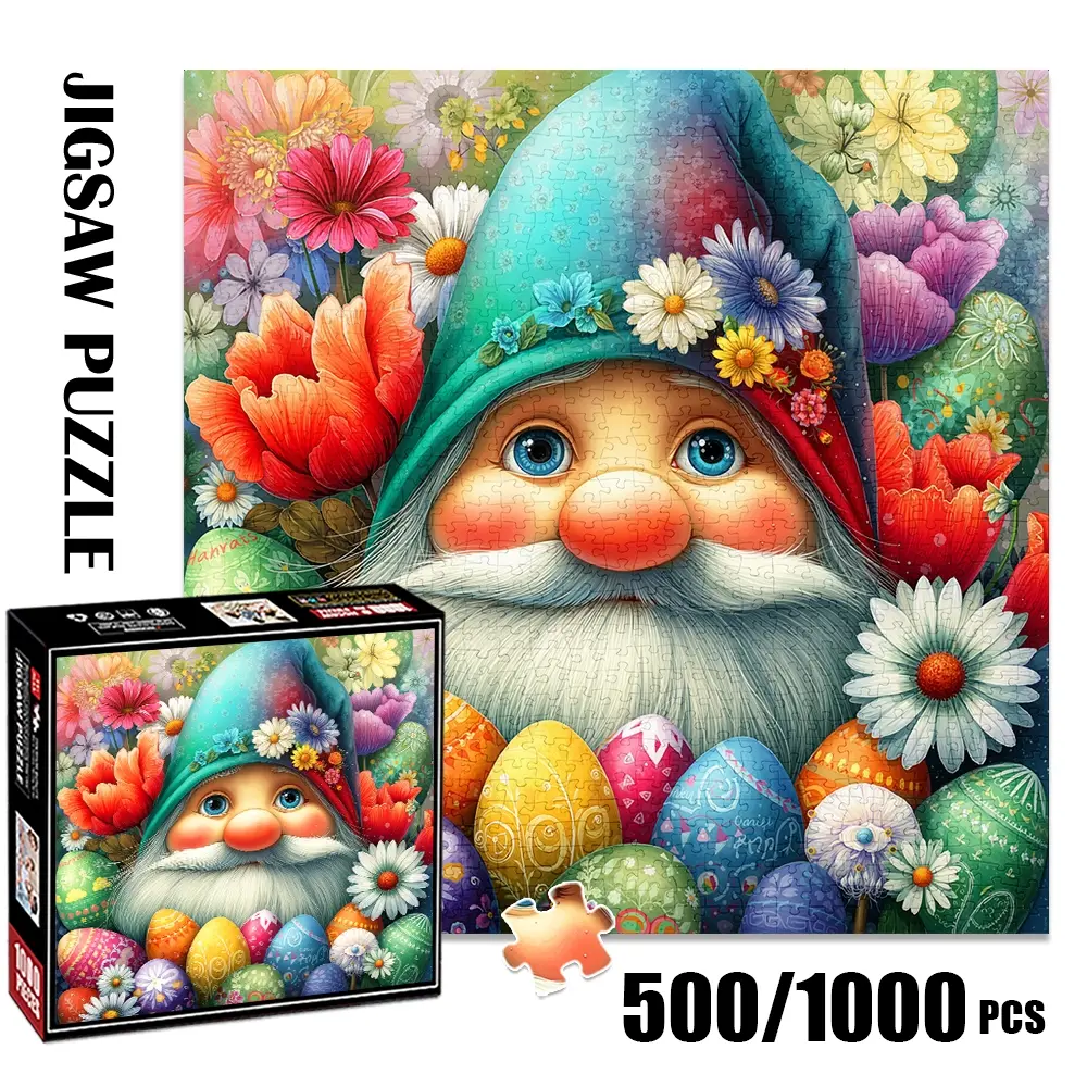 1pc 1000 piece adult puzzle 58x58cm Floral - Decorated Gnome with Colorful Easter Eggs 500 pieces of paper puzzle, suitable for adults and families, large-scale DIY puzzle interactive toy games,
