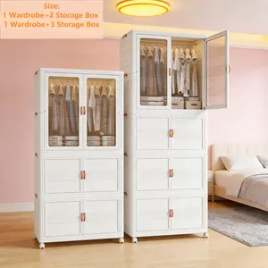 Space-Saving Folding Storage Cabinet Space Saving Aesthetic Stackable Storage Bins – Folding Plastic Organizer with Wheels & Magnetic Door for Closet, Dorm & Bedroom
