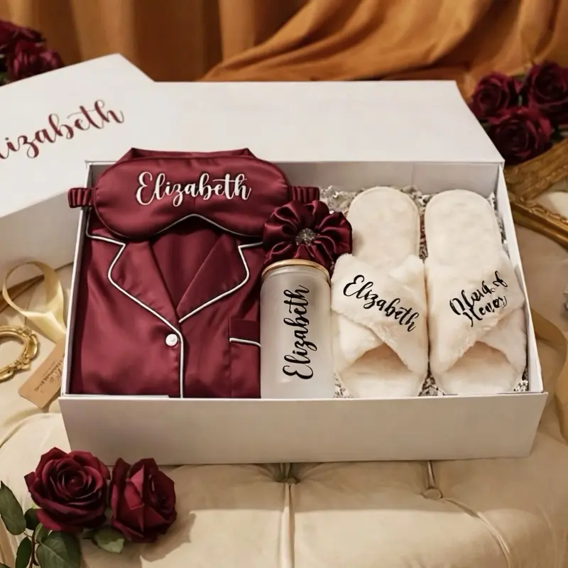 Taniri Multi-Size Personalized Blush Gift Box for Female Bridesmaids - Custom Pajama Set, Sleep Mask, Fluffy Slippers, Cup, Scrunchie Included - Ready-to-Gift for Bachelorette, Bridal Shower, Blush Gift Box Set