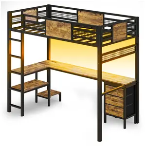Twin Size Loft Bed Frame with L-Shaped Desk Black
