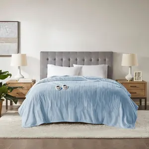 King Size Heated Blanket, 2 Heat Controllers, Light Blue Polyester