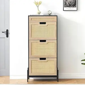 Rattan White Shoe Storage Cabinet, 3 Plip Drawer Hidden Shoe Organizer with Sturdy Metal Legs, Wooden Free Standing Entryway Table with Adjustable Shelves for Entrance