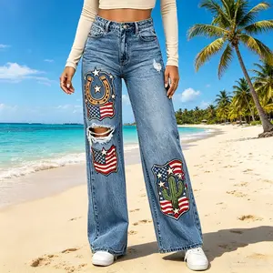 High Waist Ripped Patriotic Jeans | America 250th Ready Printed Denim Pants Womenswear Bottom Outfit Polyester Style Viscose Trouser