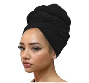 Stretch Jersey Turban Head Wraps Long Solid Color African Shawl Hair Scarfs Lightweight Breathable Head Bands Ties for Black Women(Black)
