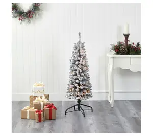 Nearly Natural 4' Flocked Pencil Faux ChristmasTree w/ Lights