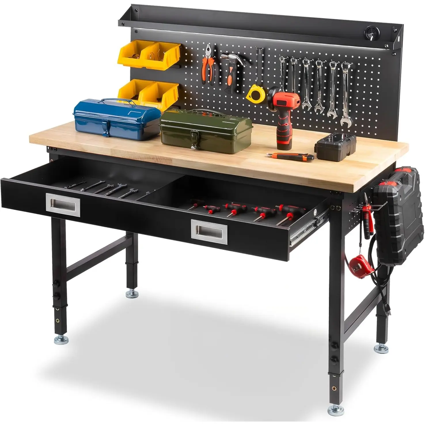 MUWOOD 48"/60" Heavy-Duty Rubber Wood Workbench, 2000 LBS Capacity, Adjustable Height, Drawers, Power Outlet, Strip Light, Large Pegboard, Tool Rack for Garage, Office