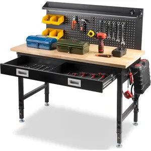 MUWOOD 48" & 60" Workbench with Drawers, Adjustable Height, Heavy Duty 2000 LBS, Power Outlet, Strip Light, Large Pegboard, Rubber Wood for Garage, Office, Yard Tool Rack, Tool Kit