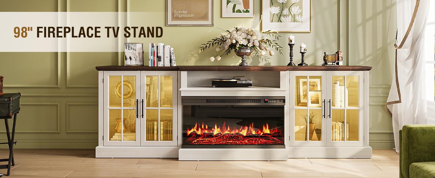 【Ships in 3 Packages】98" Farmhouse TV Stand with 36" Fireplace for TVs up to 100", Media Entertainment Center with Adjustable Shelves and Large Storage Cabinets, for Living Room, Black & Black 【Ships in 3 Packages】98" Farmhouse TV Stand with 36" Fireplace for TVs up to 100", Media Entertainment Center with Adjustable Shelves and Large Storage Cabinets, for Living Room, Black & Black