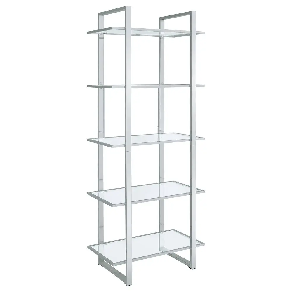 Hartford Luxury 79 In Tempered Glass Bookshelf, Polished Metal Chrome Frame, 5-Shelf Indoor Furniture Shelf & Rack