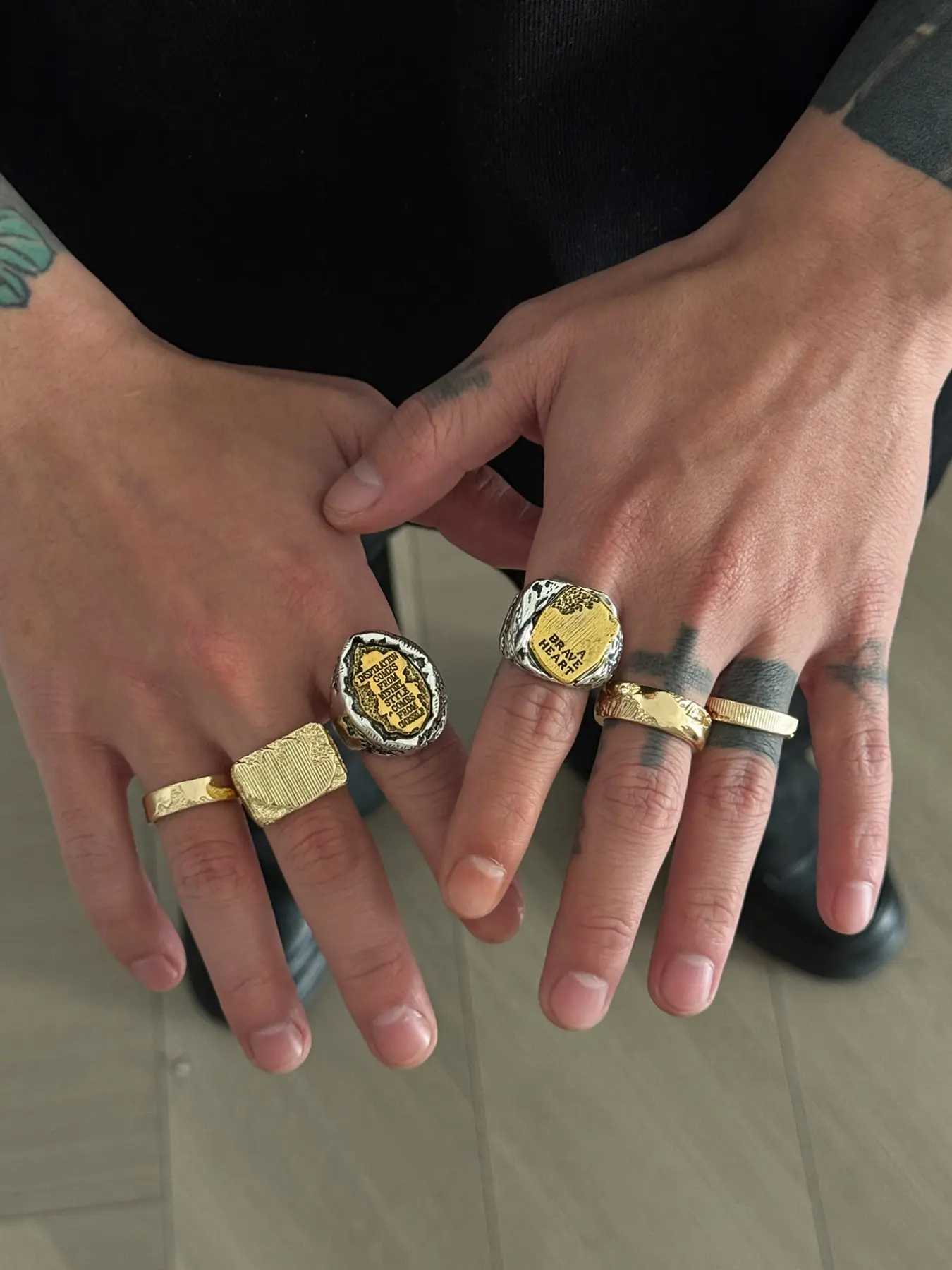 6 Piece American Vintage Two-Tone Nameplate Ring Set, Weathered Texture + Engraved Letters, Streetwear Hip Hop Accessory
