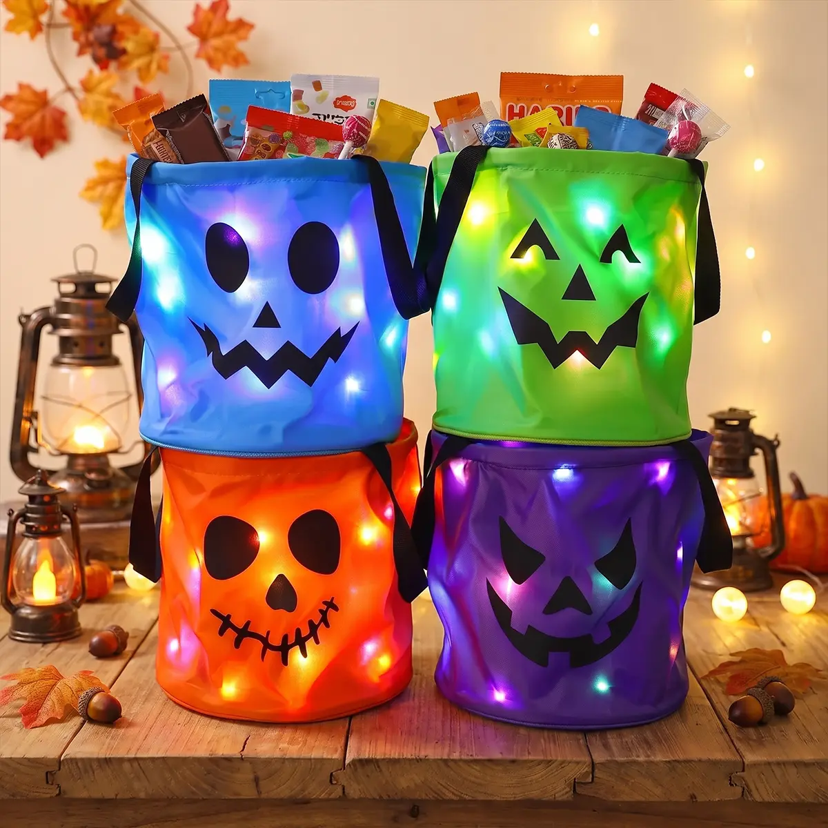LED Halloween Candy Bucket, Glow Trick or Treat Bag, Collapsible Reusable Light Up Bag,Cute Pumpkin Basket for Kids Halloween Night Gift