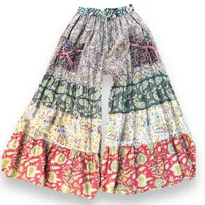 Patchwork Layered Palazzo Cotton Hippie Pants with Elastic Waist & Drawstring for Comfortable Fit Colorful