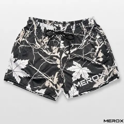 MEROX Unisex Black & White Maple Camo 5-Inch Athletic Mesh Shorts - Breathable, Multi-Size, with Zipper Pockets for Gym, Streetwear; Active, Casual Athletic Shorts (Maple Camo Stands Out)