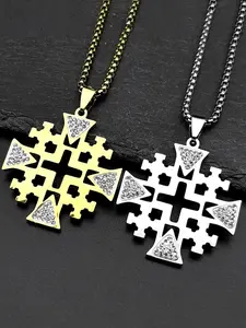 Christian Jerusalem Cross Pendant Necklace for Women Men Stainless Steel Gold Color Rhinestones Chain Necklaces Gift