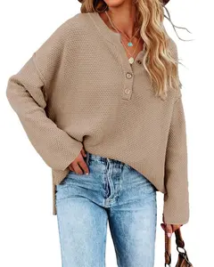 Women's Oversized Batwing Long Sleeve V Neck Button Henley Sweater Knit Jumper Casual Minimalist Basic Pullover for Spring Autumn Winter