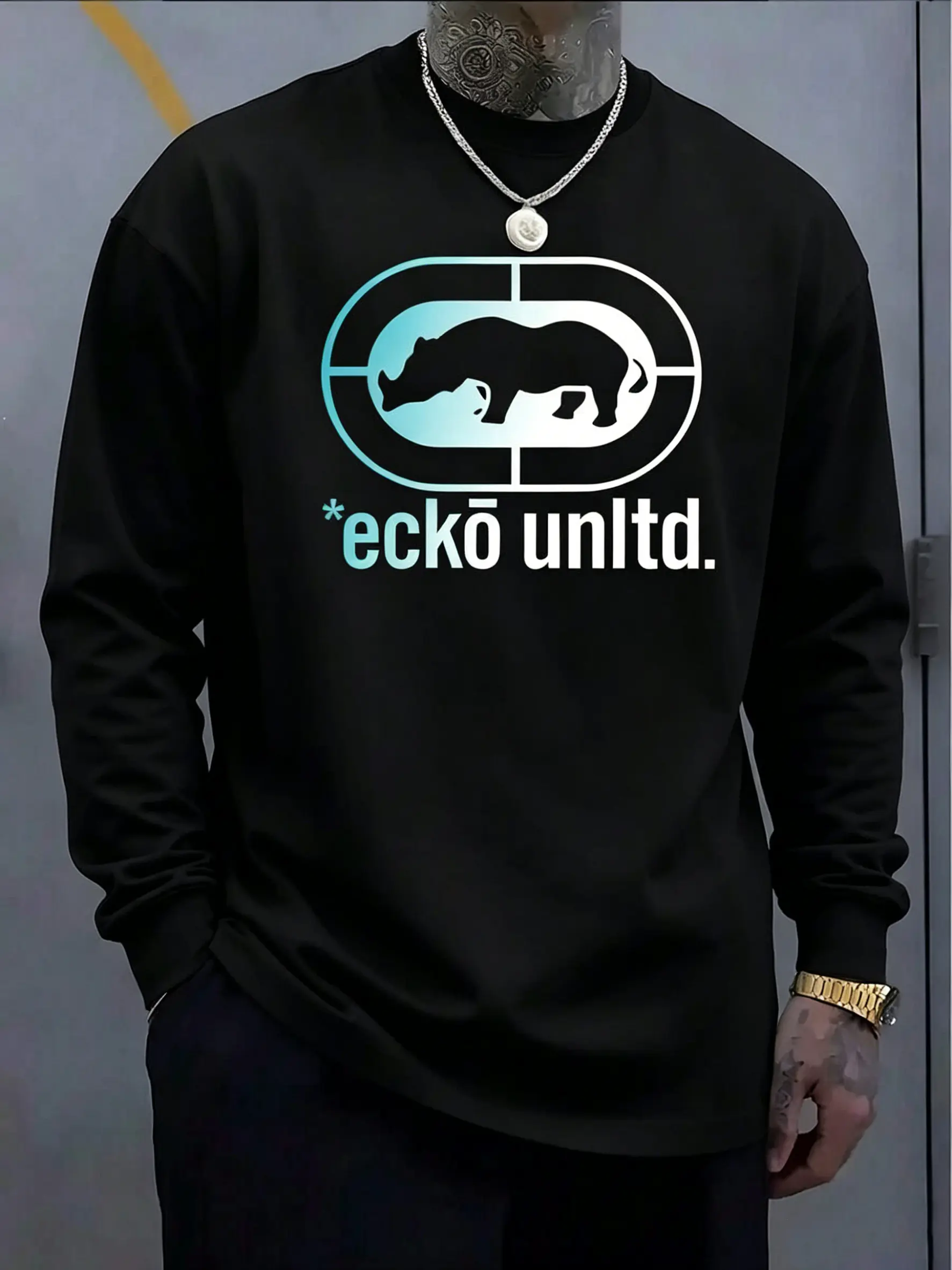 Ecko Unltd Gradient Rhino Logo Graphic Long Sleeve T-Shirt Men’s Black Cotton Vintage Hip Hop Streetwear Long Sleeve Tee