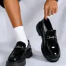 ONXITOM Men's Patent Leather Black Closed Toe Platform Loafers - Slip-On Footwear with Chunky Anti-Skid Rubber Lug Sole, Gold Chain Detail, Glossy Finish for Office Commuting, Casual Use, Office Commuting Loafers