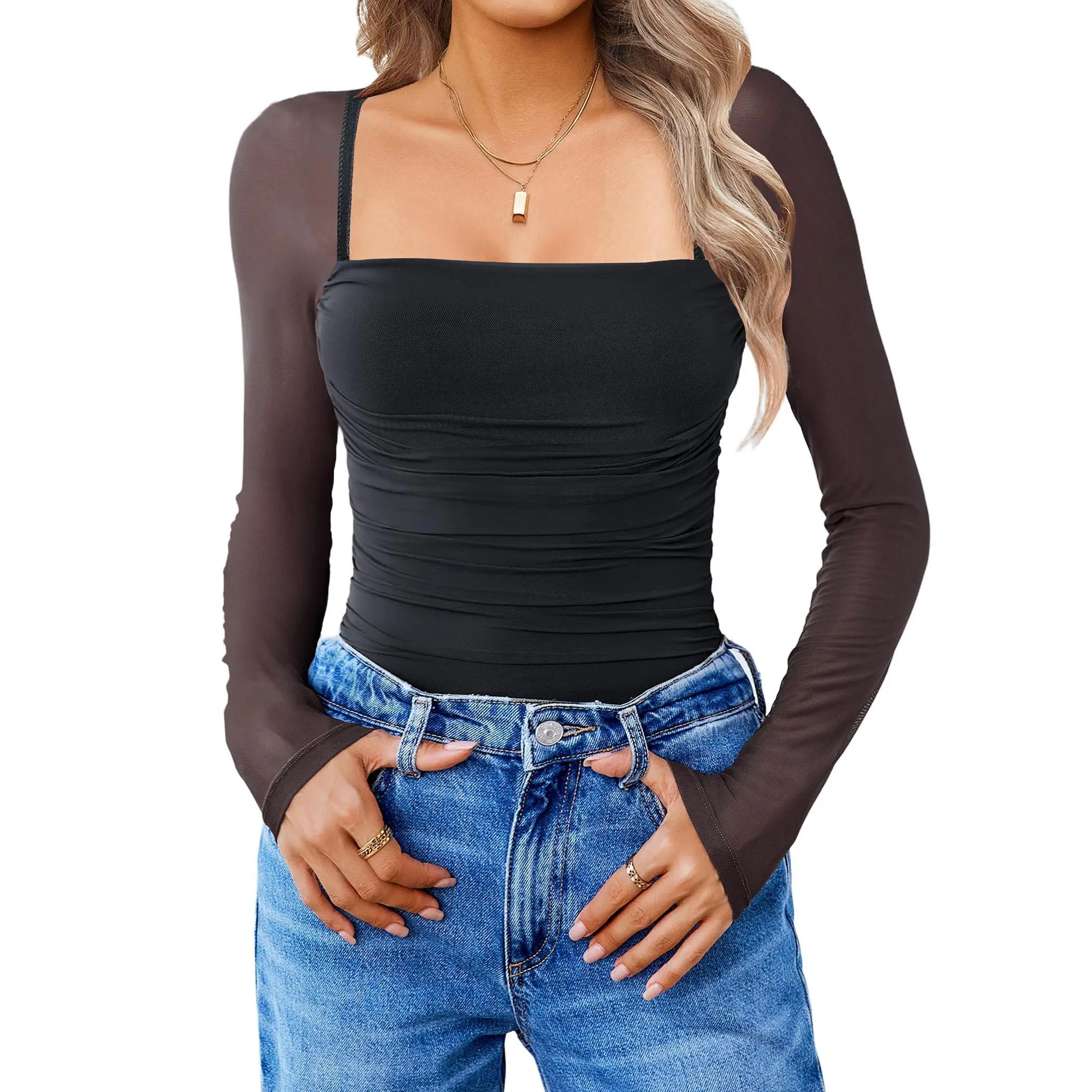 Avidlove Women's Square Neck Mesh Long Sleeve Bodysuit Shirts Ruched Body Suit  Sheer Tops Date Night Outfit All-season Thin Runs Small
