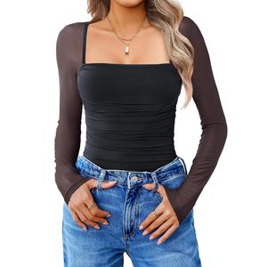 Avidlove Women's Square Neck Mesh Long Sleeve Bodysuit Shirts Ruched Body Suit  Sheer Tops Date Night Outfit All-season Thin Runs Small