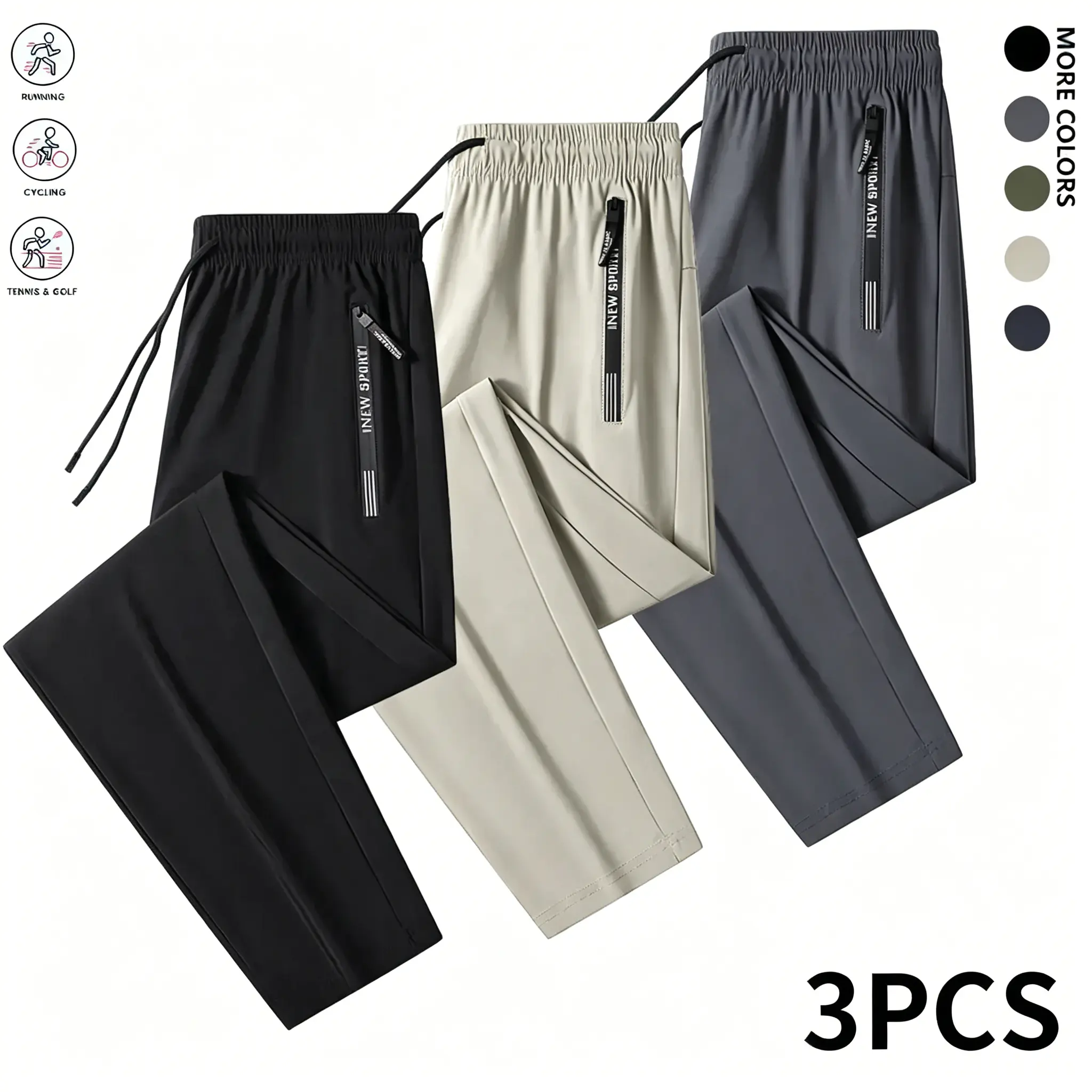 Men's 3-Piece Ice Silk Casual Sports Pants - Drawstring Waistband, Breathable, Fast-Drying, Moisture-Resistant, Weightless Performance Comfy Men's Pants, Non-Denim Athleisure Fitness Bottoms for Gym Training, Summer Wear, Comfi Men's Pants, Moisture-Resis