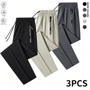 Men's 3-Piece Ice Silk Casual Sports Pants - Drawstring Waistband, Breathable, Fast-Drying, Moisture-Resistant, Weightless Performance Comfy Men's Pants, Non-Denim Athleisure Fitness Bottoms for Gym Training, Summer Wear, Comfi Men's Pants, Moisture-Resis