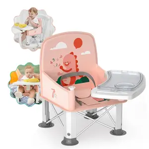 Baby Travel Booster Seat with Double Tray, Upgraded Toddler Portable Baby Chair, Booster Seat for Dining Table, Stable and Foldable Booster Baby Chair for Indoor/Outdoor (Pink Dinosaur)