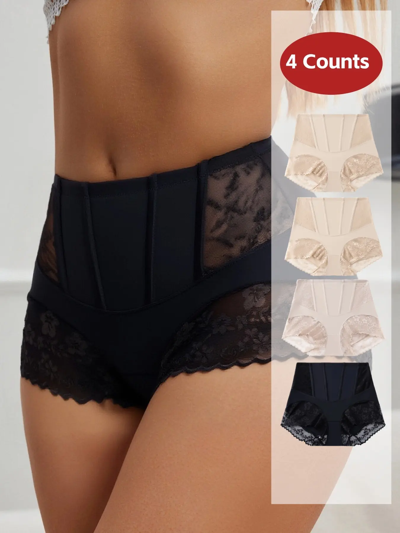 Women's High-Waisted Lace Shapewear Body Shapers Thong Panties, Comfortable Elegant Chic Fashion Underwear, All Seasons, Plain Color, Elastic Waist, Compression