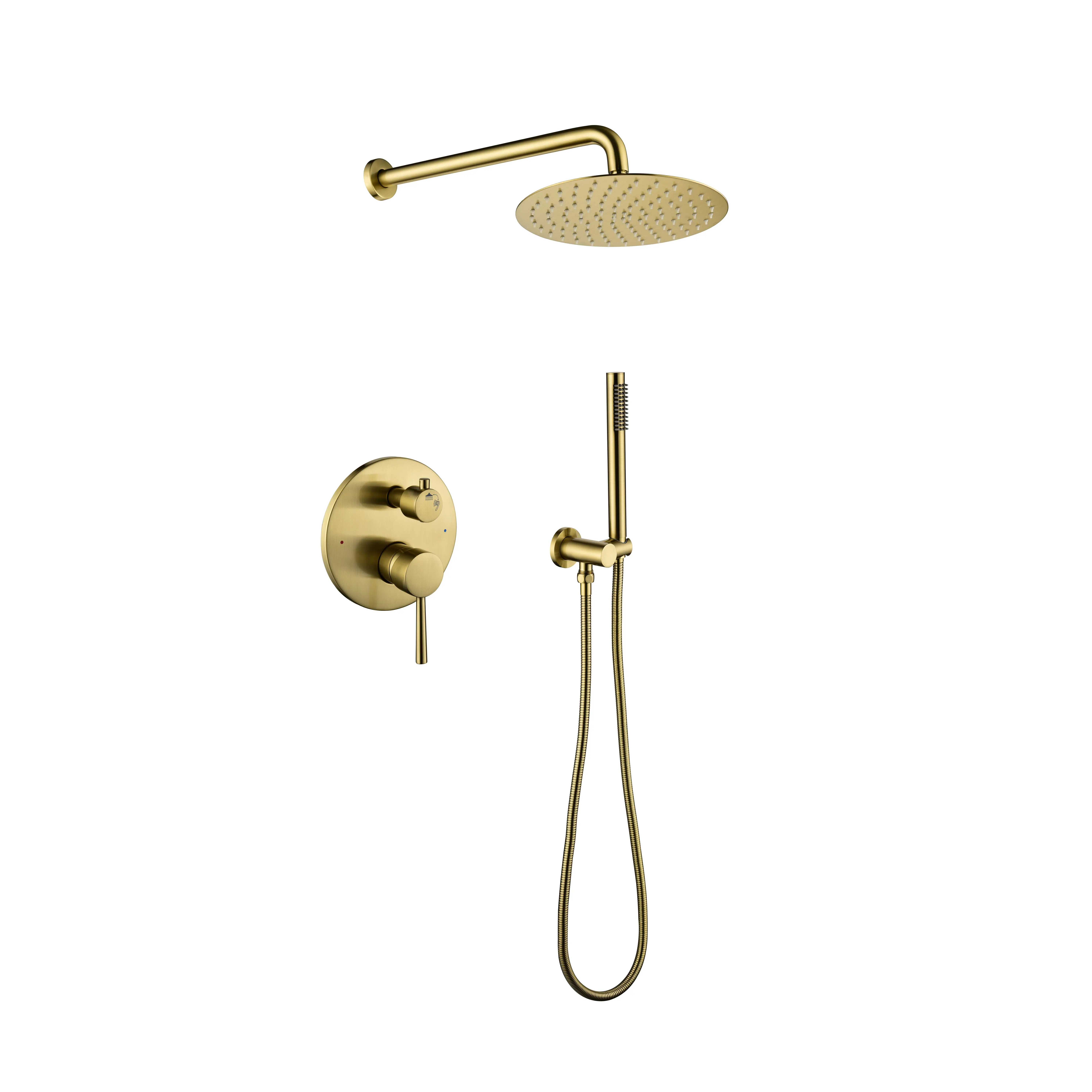 Wall Mounted Shower System with 10 Inch Stainless Steel Rain Shower Head and Handheld Spray, 2-Way Pressure Balance Valve Kit, Brushed Gold Finish, High Pressure Bathroom Shower Faucet Set, Modern Dual Showerhead Combo, Bathroom Shower Door