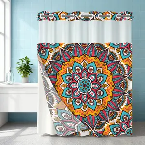 1PC double-layer large ring shower curtain, colorful mandala pattern, shower curtain, high-end quick drying hanging curtain, bathroom, curtain, waterproof, mildew proof curtain