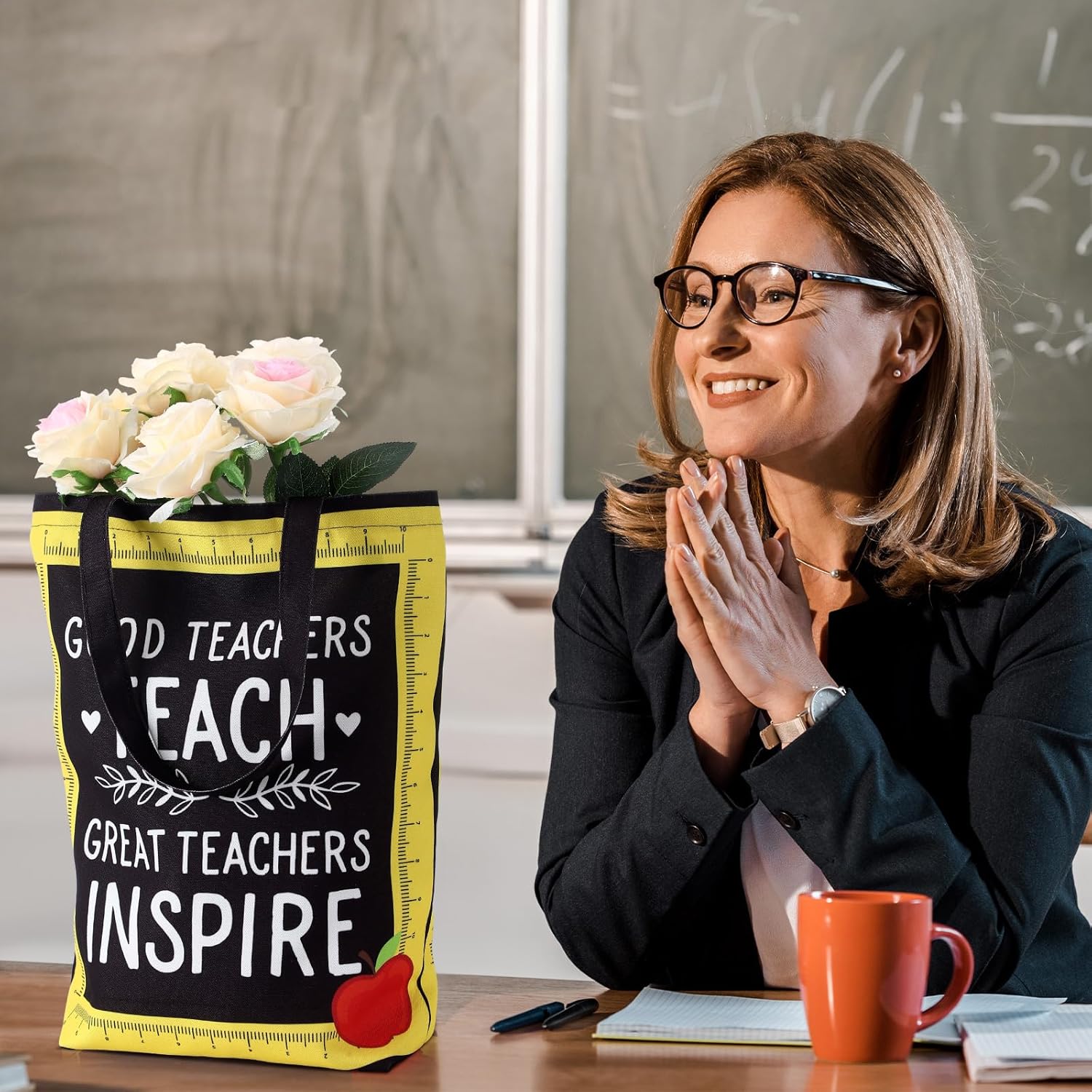 6/12 Pcs Back to School Teacher Gift Bags Canvas Tote Bags with Pencil Crayon Marble Notebook Apple Pattern Thank You Gift Handbags for Teacher Student,School Study Supplies,Welcome First Day of School Teacher Appreciation Class Rewards Graduation Gift