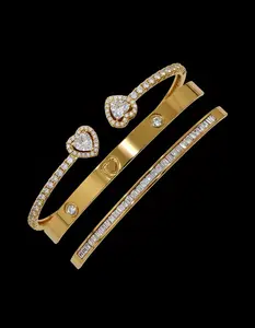 Siloura’s 1-3pcs Stainless Steel 14K Gold Plated Heart Rhinestone Bangle Bracelet Set, Copper Inlaid Artificial Zirconia Open Cuff Fashion Jewelry for Women (Gold/Silver)