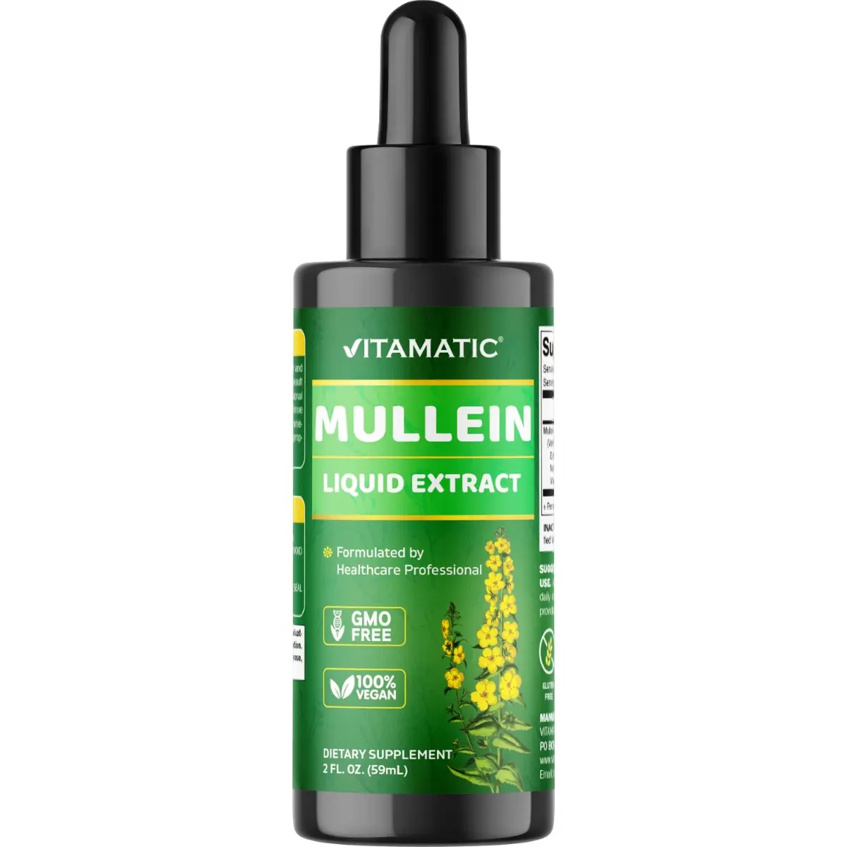 Vitamatic Mullein Liquid Herbal Extract Dietary Supplement - 1000mg per Serving, 2 fl oz, Lung & Respiratory Support, Immune Boost, Non-GMO, Gluten-Free, GMP Certified, Adult-Use, Natural Herbs, With Lid (Health & Wellness Tips Included)