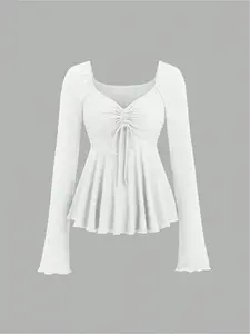 New Pure Desire Bottom Chest Drawstring Design V-Neck Long Sleeve Waist Pleated Solid Color Belly Concealing Slimming Fit Women's Top Blouse