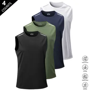 Pack of 4 men’s summer sleeveless sports tank tops, quick-dry fabric with reflective shoulder stripes, trendy design, breathable and comfortable—essential for outdoor workouts. fathersdaygift