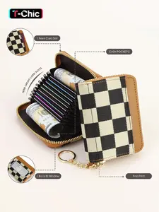 Women's Checkered Credit Card Holder Wallet PU Leather Small Wallet For Women Casual Card Holder Zipper Keychain Wallet With Wristlet, Rfid Card Slots, Credit Card Organizer