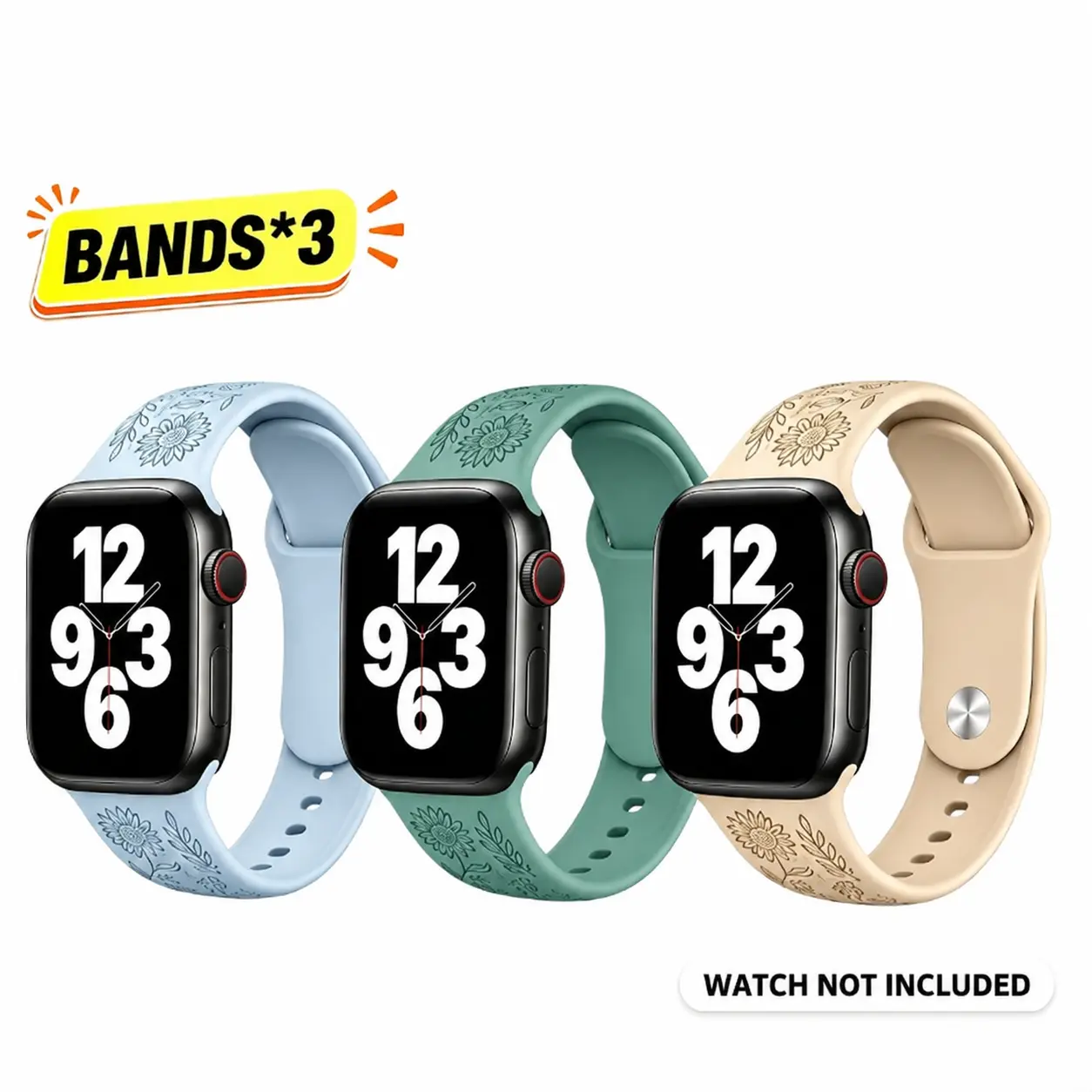 Women’s 3-Pack Engraved Flowers Silicone Smart Watch Straps - Cute Soft Sport Accessories with Sliding Lock, Adjustable Multi-Size Replacement Wristbands (38mm-49mm) Compatible with iWatch Ultra 2/1, Series 11/10/9/8/7/6/SE, for Back to School Hauls