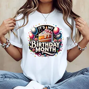 It's My Birthday Month Cake Balloons And Confetti Print T Shirt Women Casual Short Sleeve Round Neck Top Summer Fashion Trendy Graphic Tee