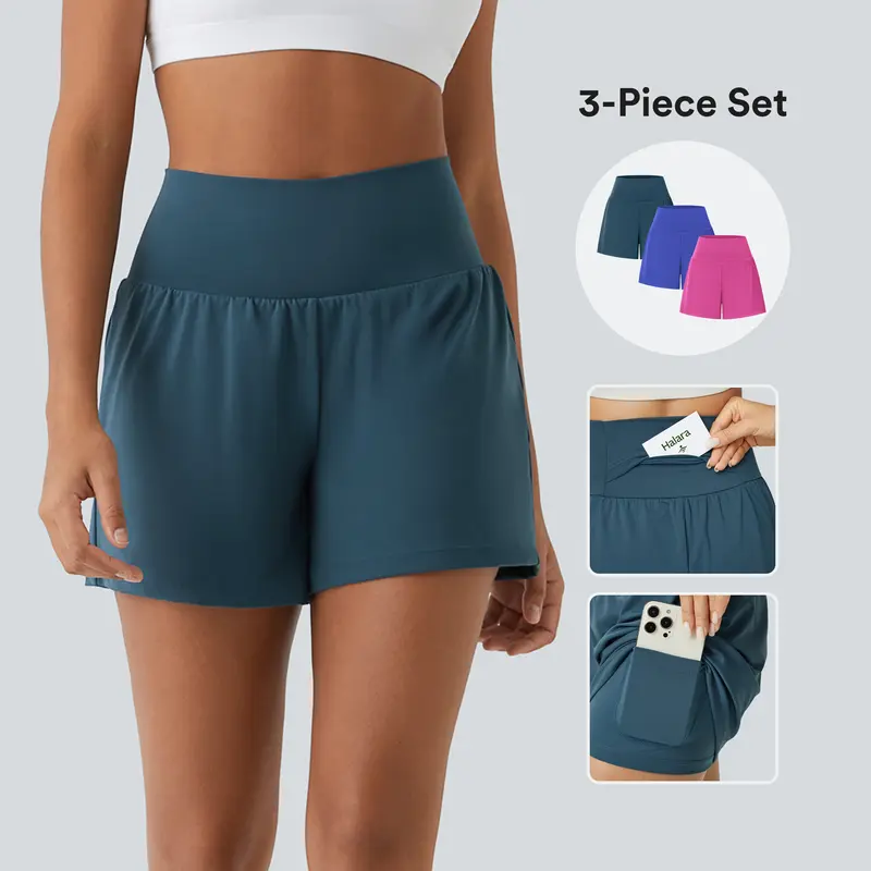 Halara 3-Piece Super High Waisted Back Pocket & Side Hidden Pocket 2-in-1 Yoga Shorts 5" Set