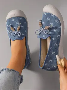 Women's Fashionable All Over Print Bowknot Design Slip on Low Top Sneakers, Casual Comfortable Breathable Lightweight Sports Shoes, All-match Round Toe Shoes, Lightweight Slip ons