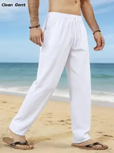 Clean Gent men’s casual drawstring-waist pants — beachwear for summer, comfortable and breathable long pants with a loose fit that’s easy to care for and durable; solid color straight-leg design with pockets